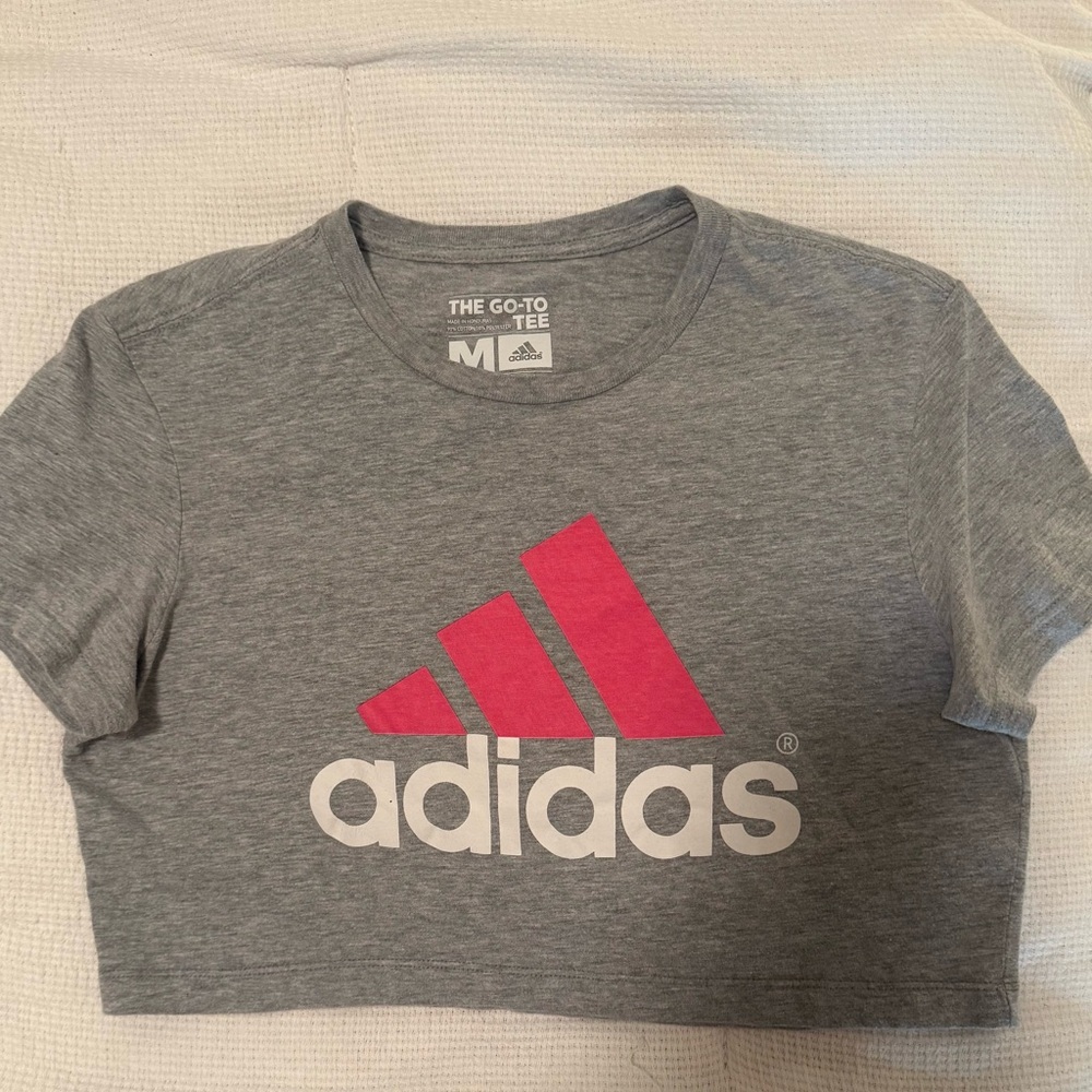 Adidas Cropped Gray and Pink Logo Tee